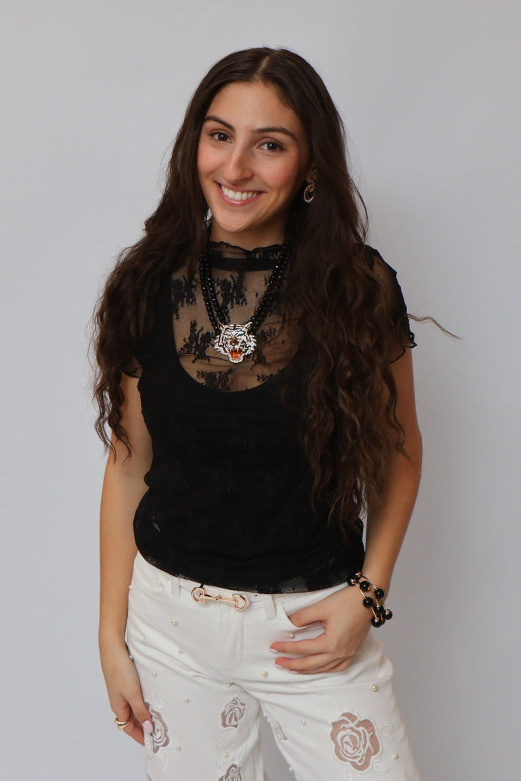 Lace See-Through Layering Short Sleeve Top - Black