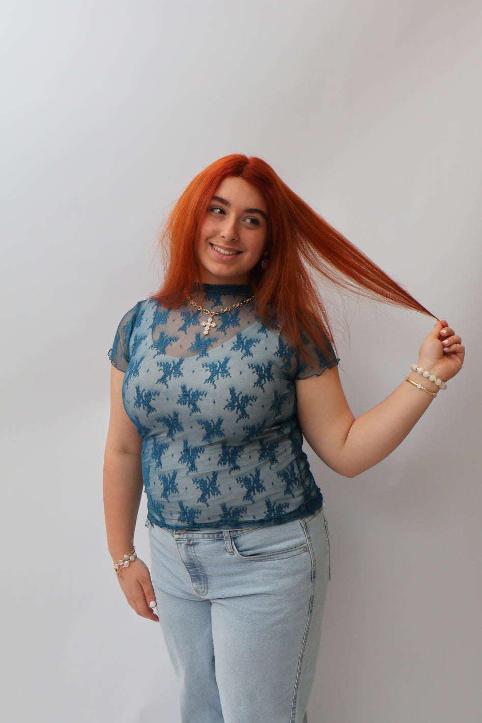 Lace See-Through Layering Short Sleeve Top - Teal