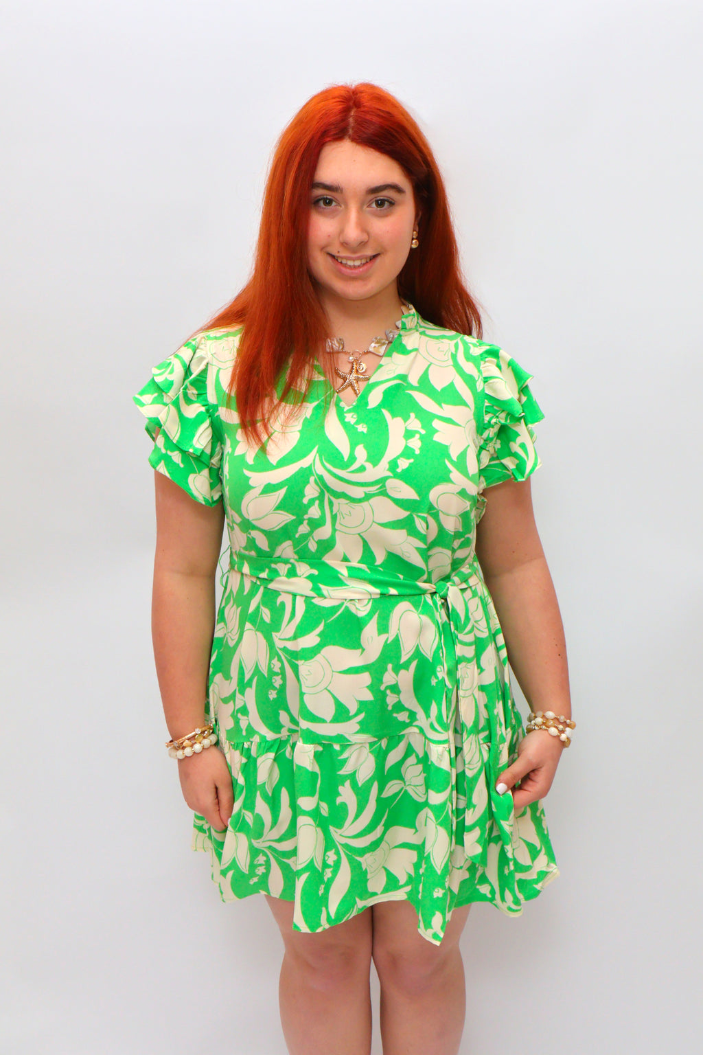 Green and Cream Ruffle Sleeve Dress with Front Belt Tie