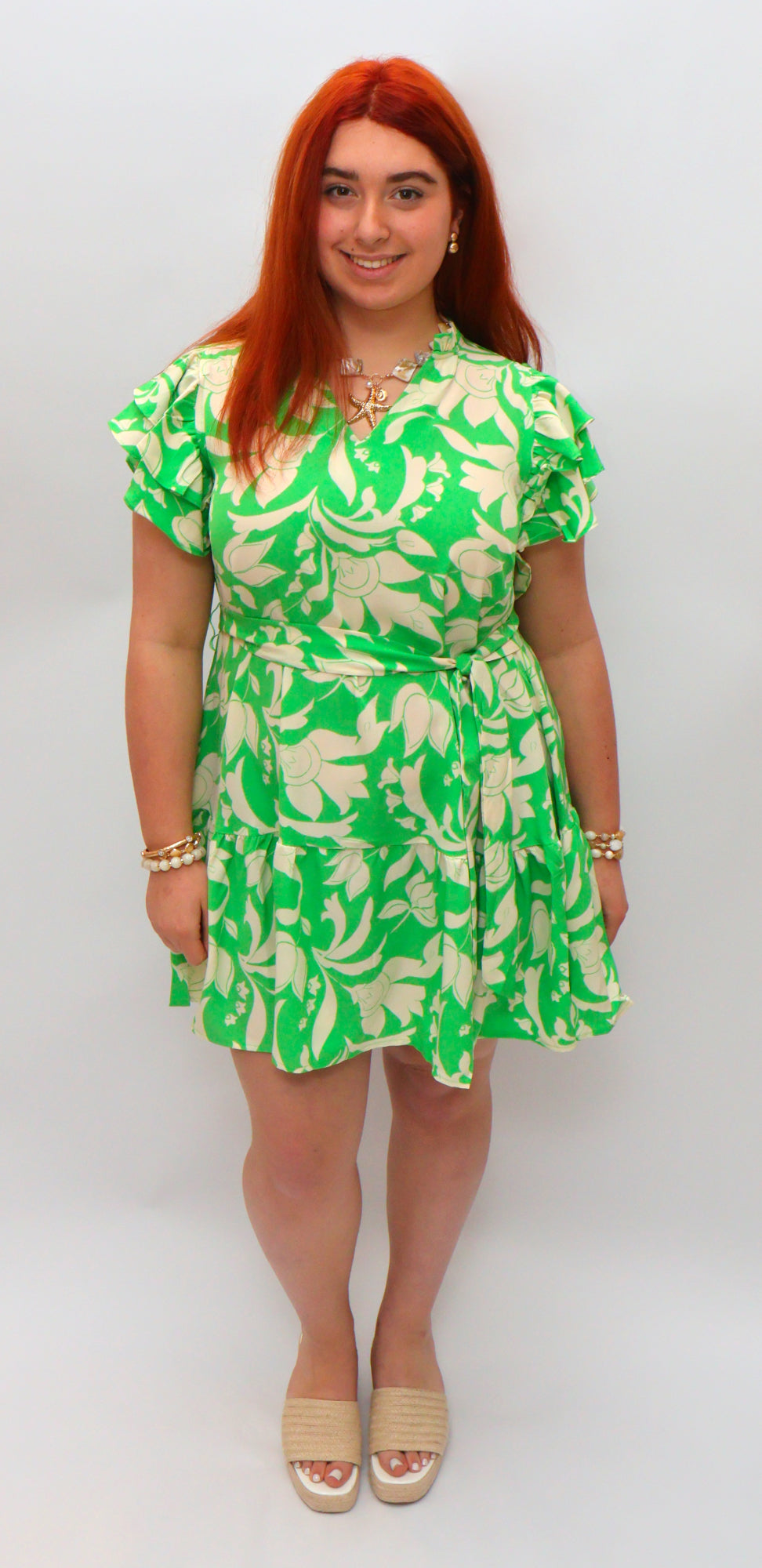Green and Cream Ruffle Sleeve Dress with Front Belt Tie