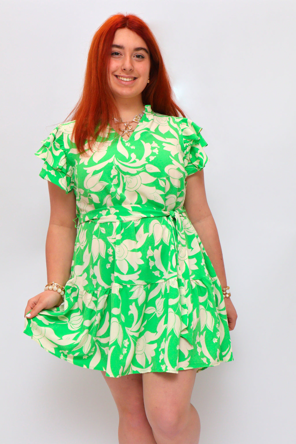 Green and Cream Ruffle Sleeve Dress with Front Belt Tie
