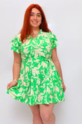 Green and Cream Ruffle Sleeve Dress with Front Belt Tie