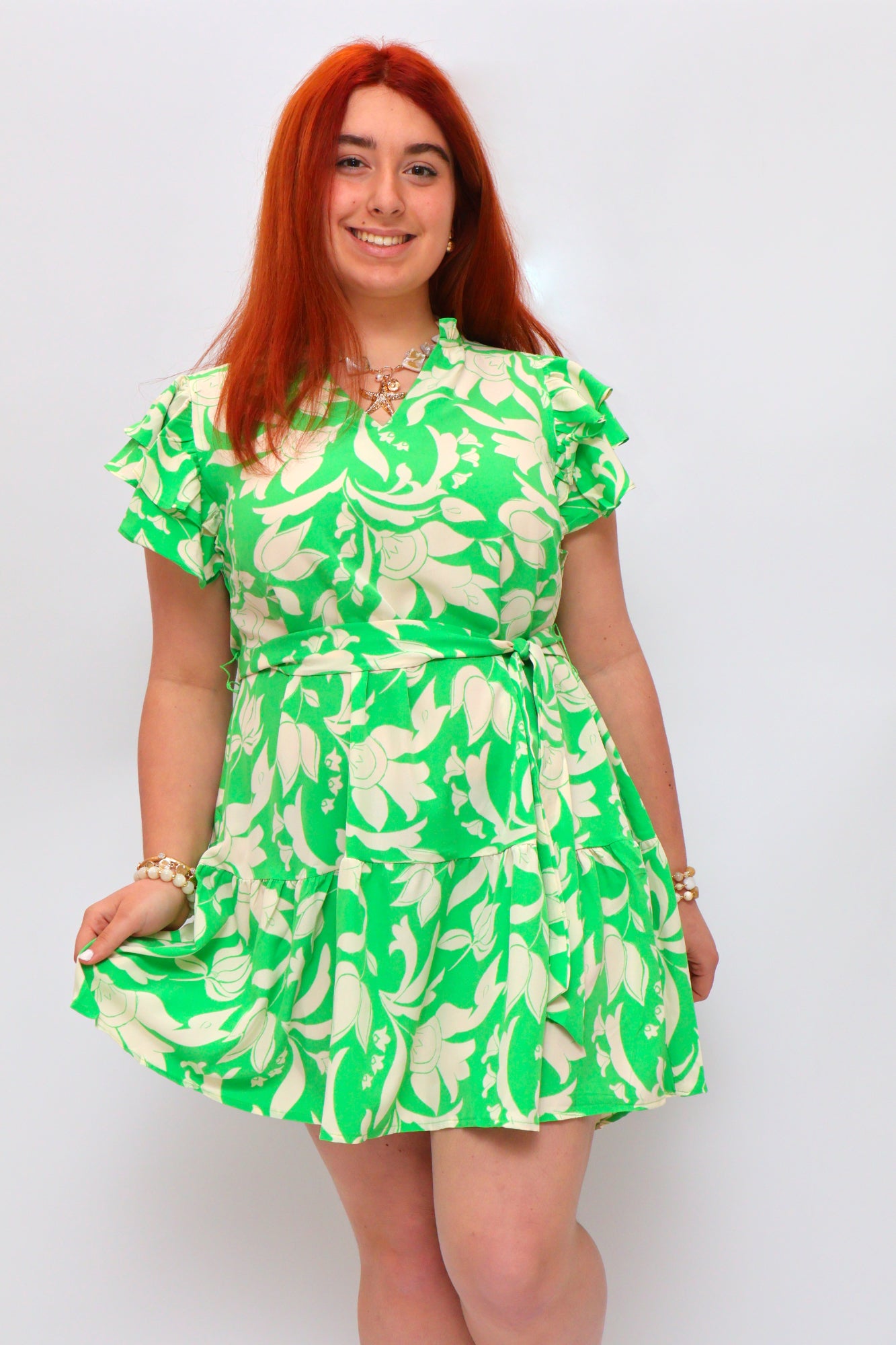 Green and Cream Ruffle Sleeve Dress with Front Belt Tie