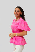Textured Smocked Peplum Blouse - Bubble Pink