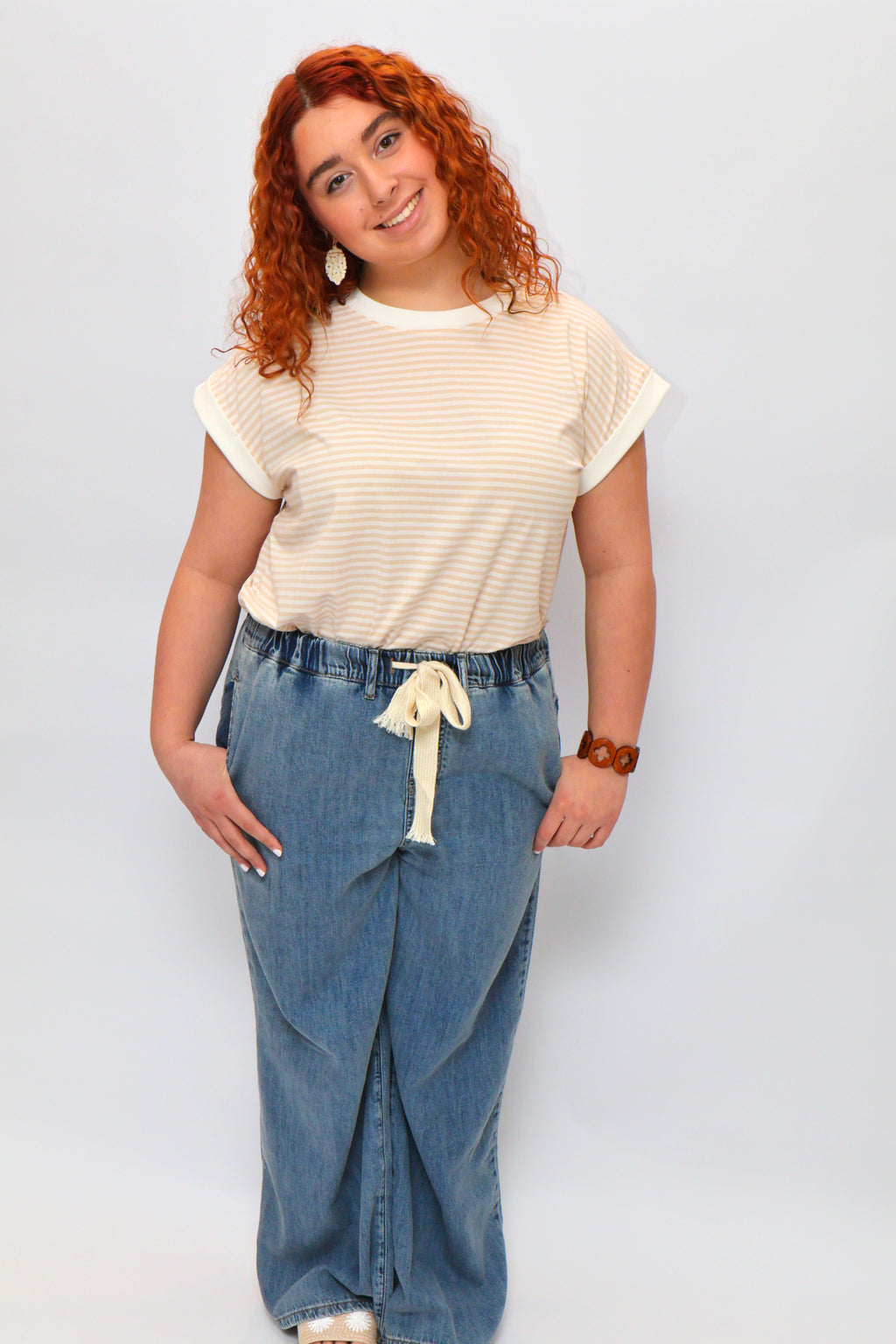 Stripe Contrast Trim Rib Banded Top - Taupe