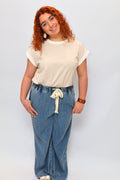 Wide Leg Drawstring Elastic Waistband Denim Jeans