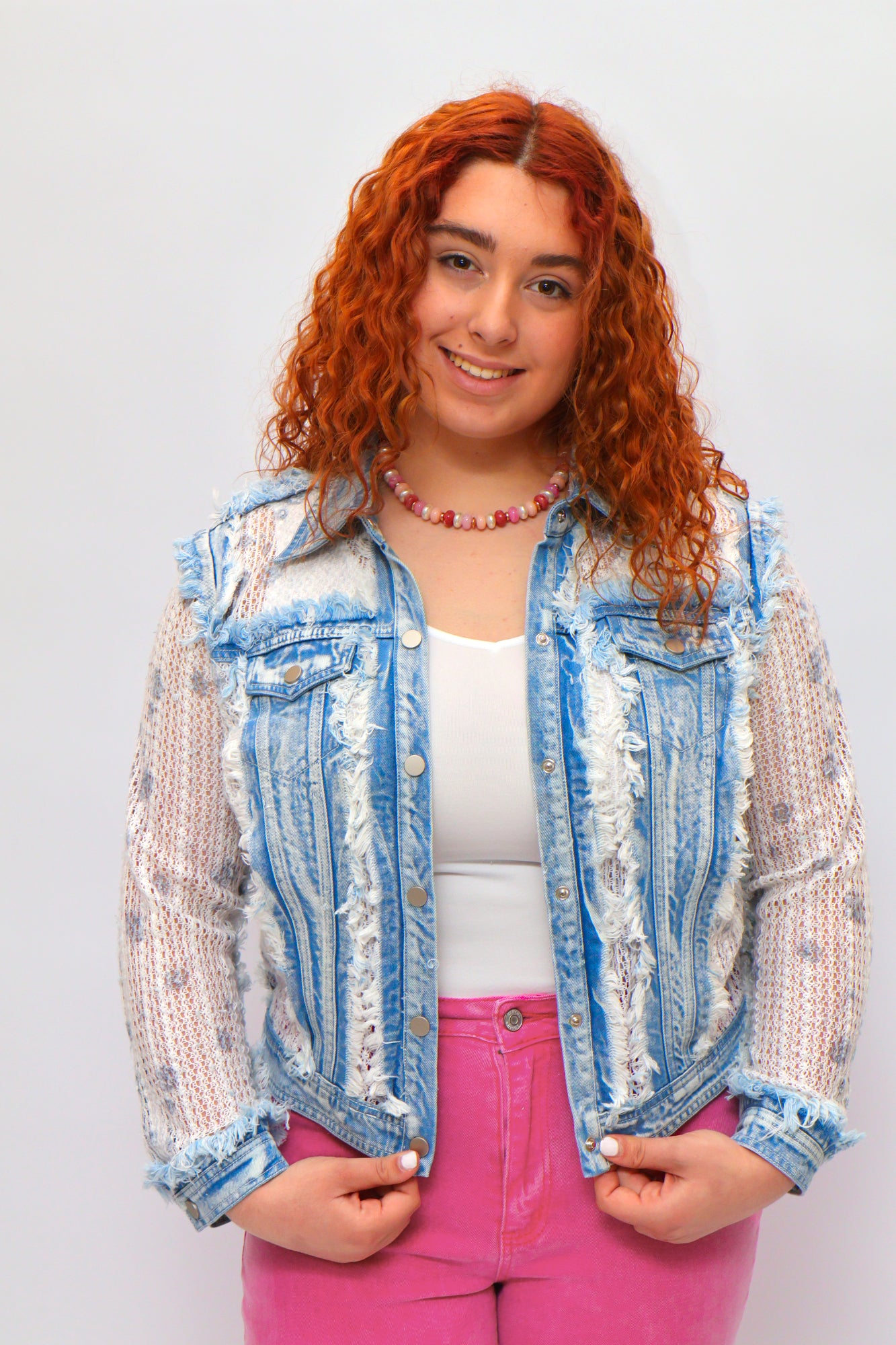 Sheer Knit Sleeve Distressed Denim Jacket