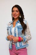 Sheer Knit Sleeve Distressed Denim Jacket