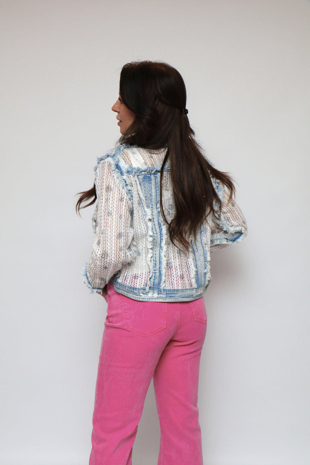 Sheer Knit Sleeve Distressed Denim Jacket