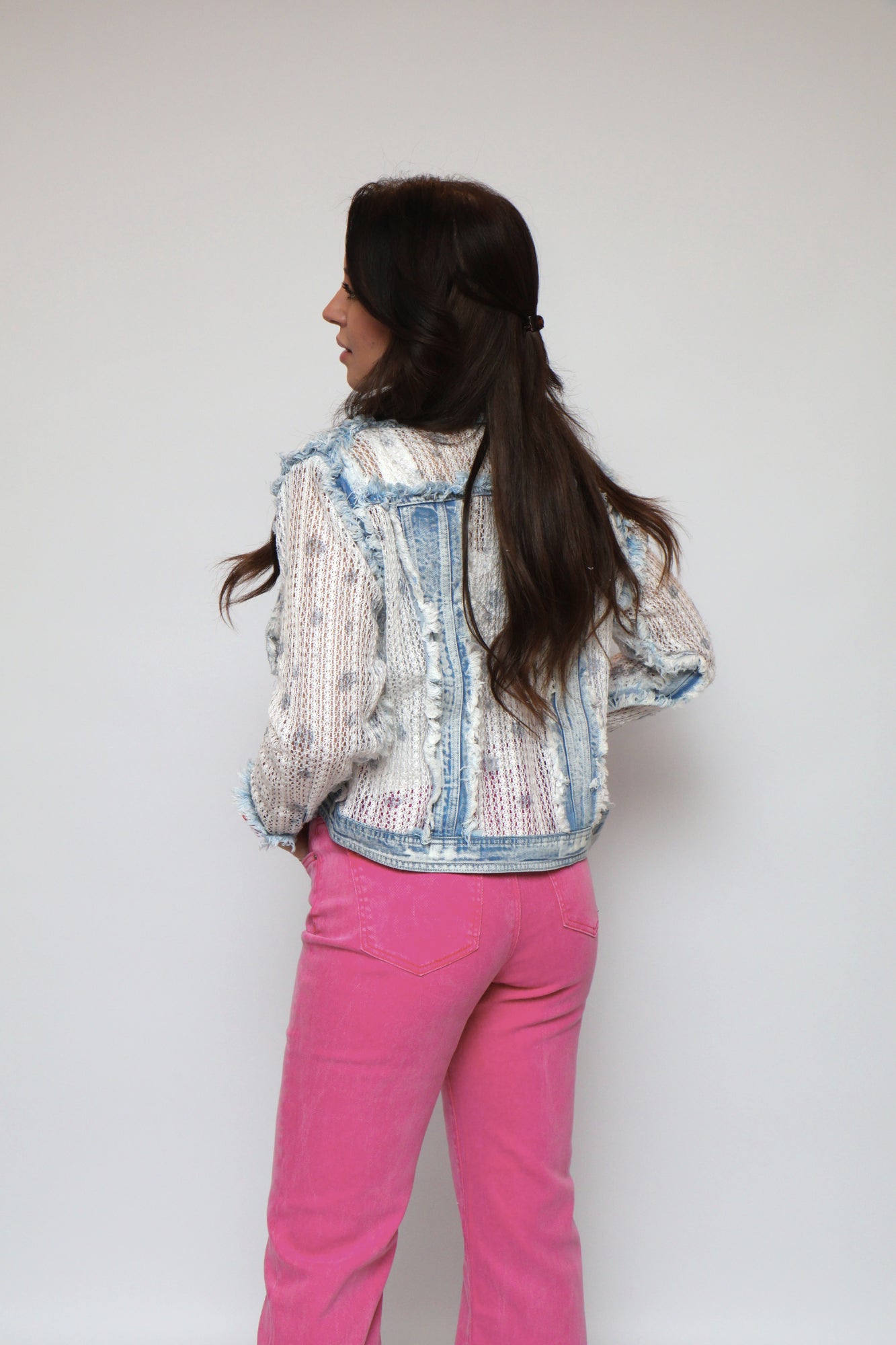 Sheer Knit Sleeve Distressed Denim Jacket