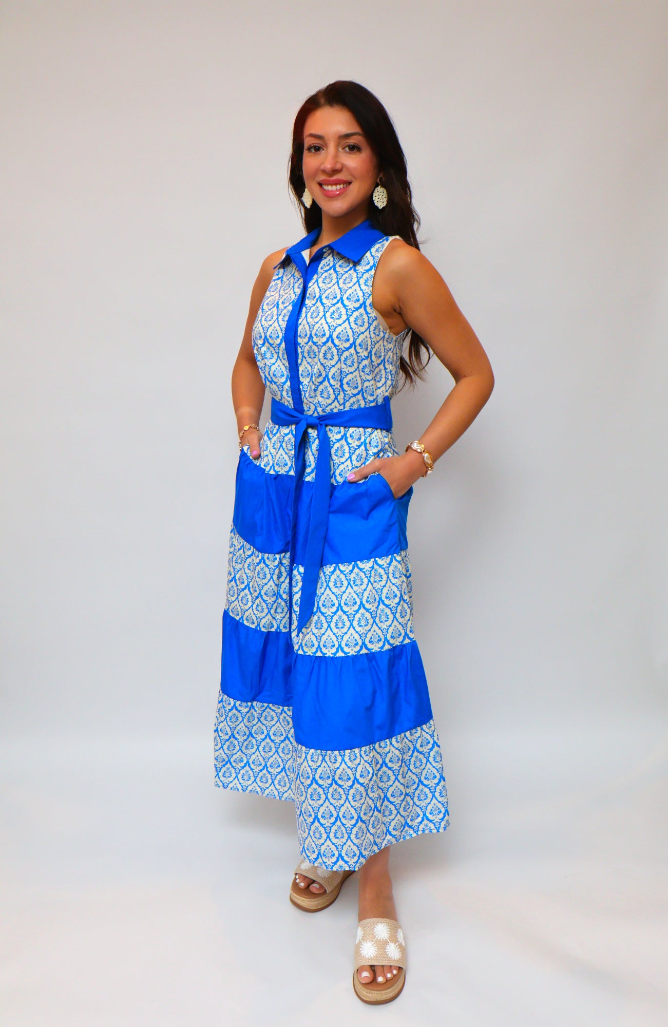 Printed Sleeveless Dress - Blue