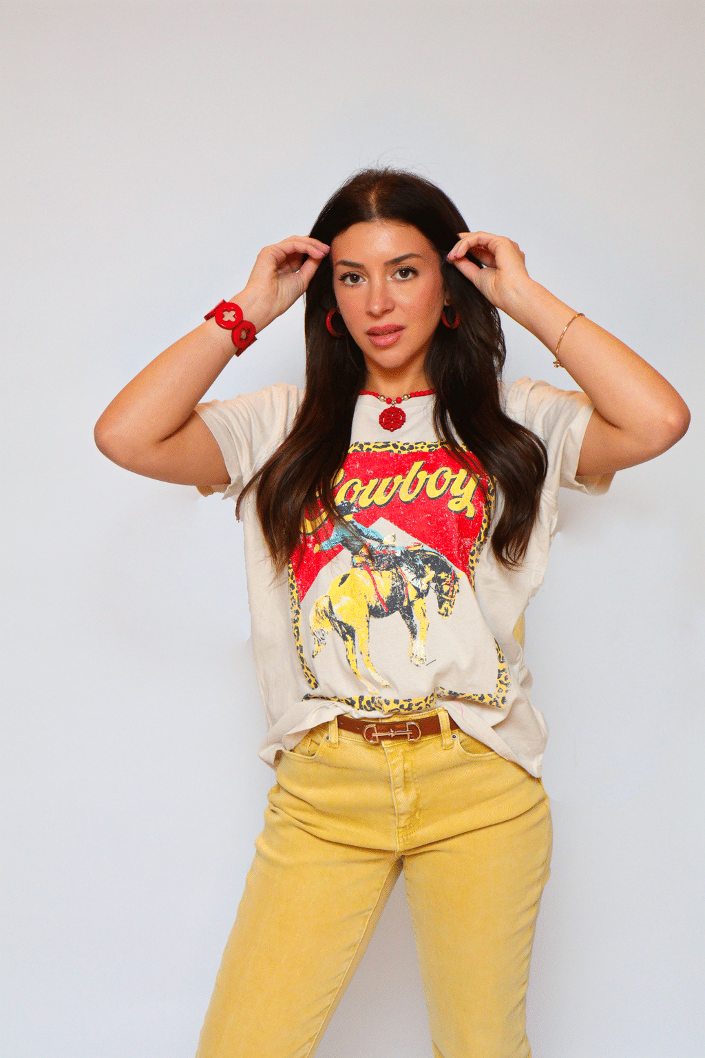 Vintage Cowboy Leopard Frame Tee - Bone