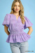 Textured Smocked Peplum Blouse -Lavender