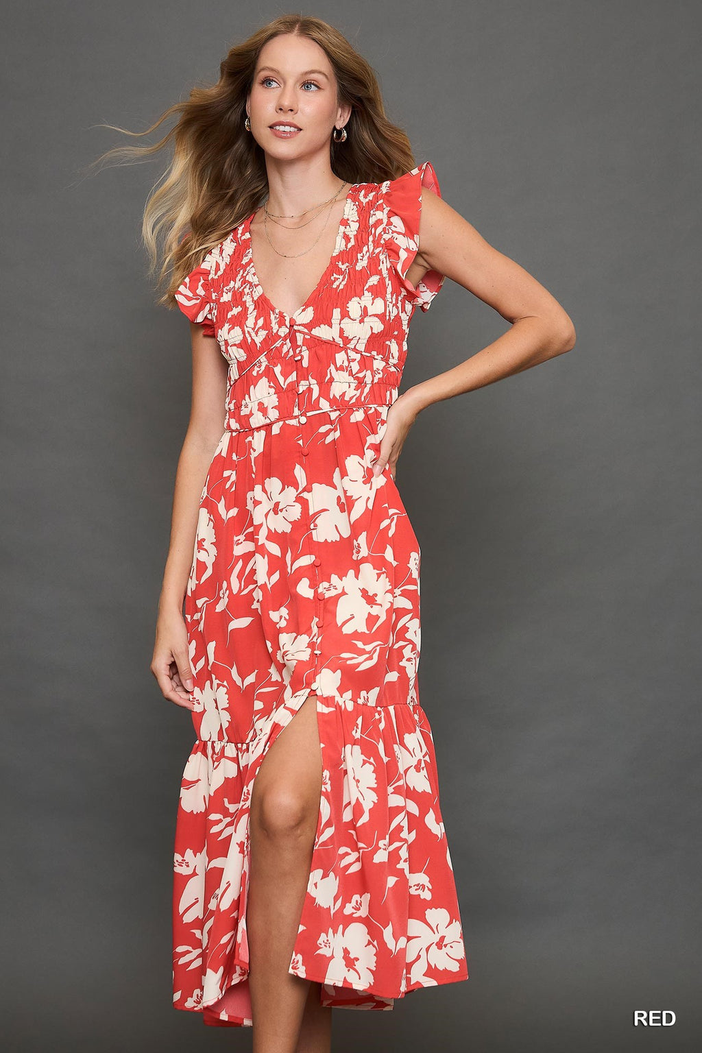 Two Tone Floral Print Midi Dress