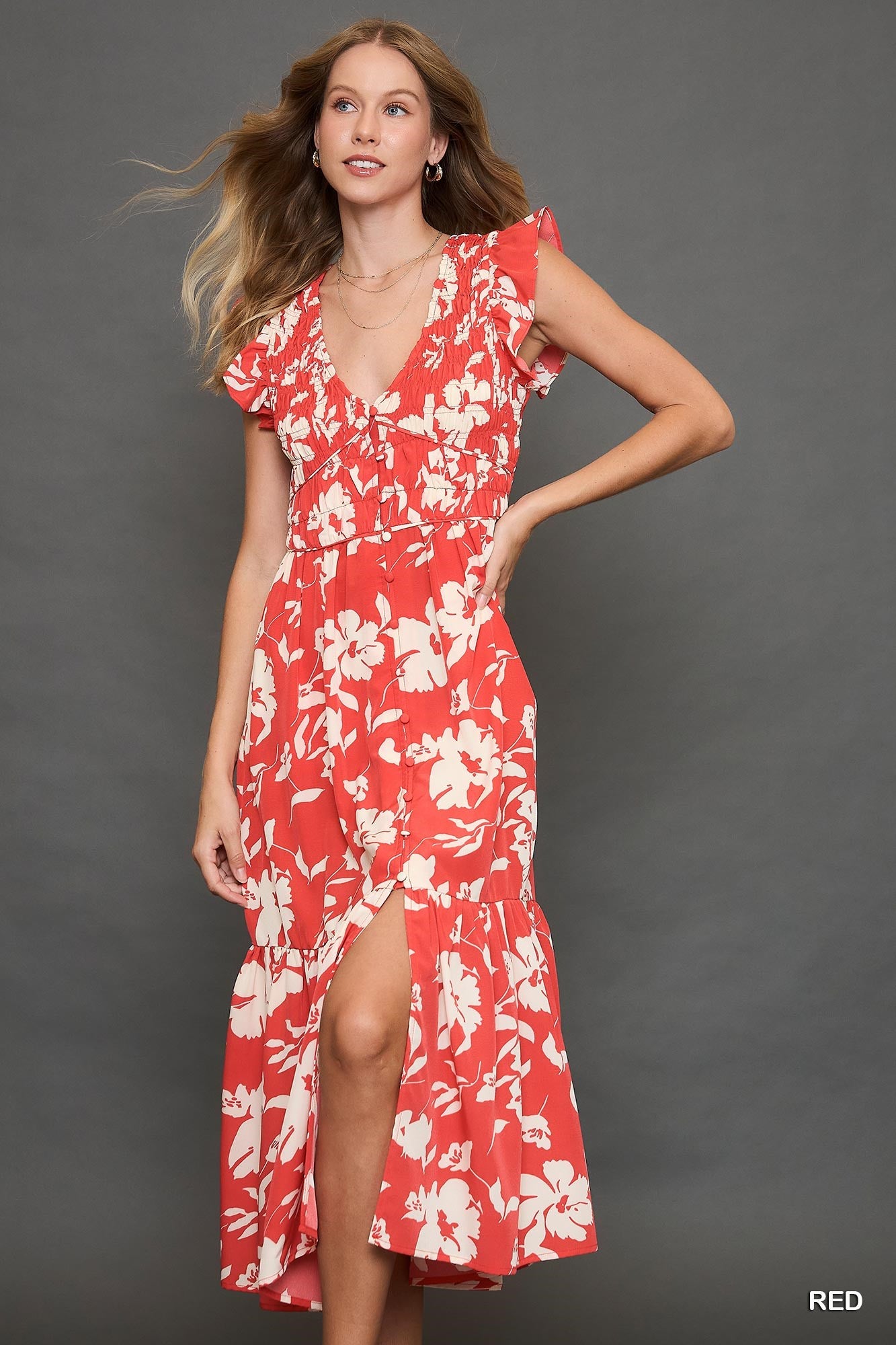Two Tone Floral Print Midi Dress