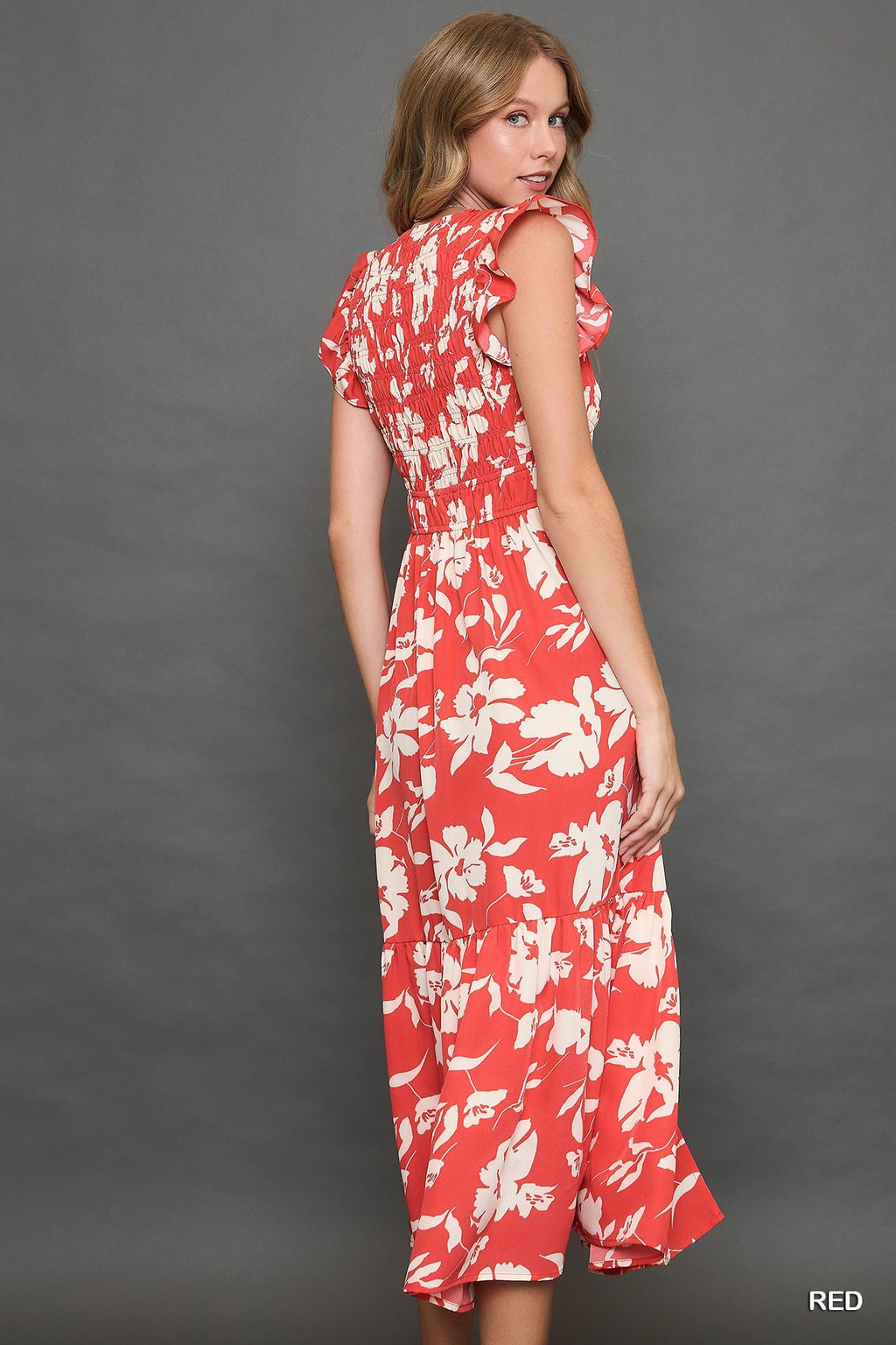 Two Tone Floral Print Midi Dress
