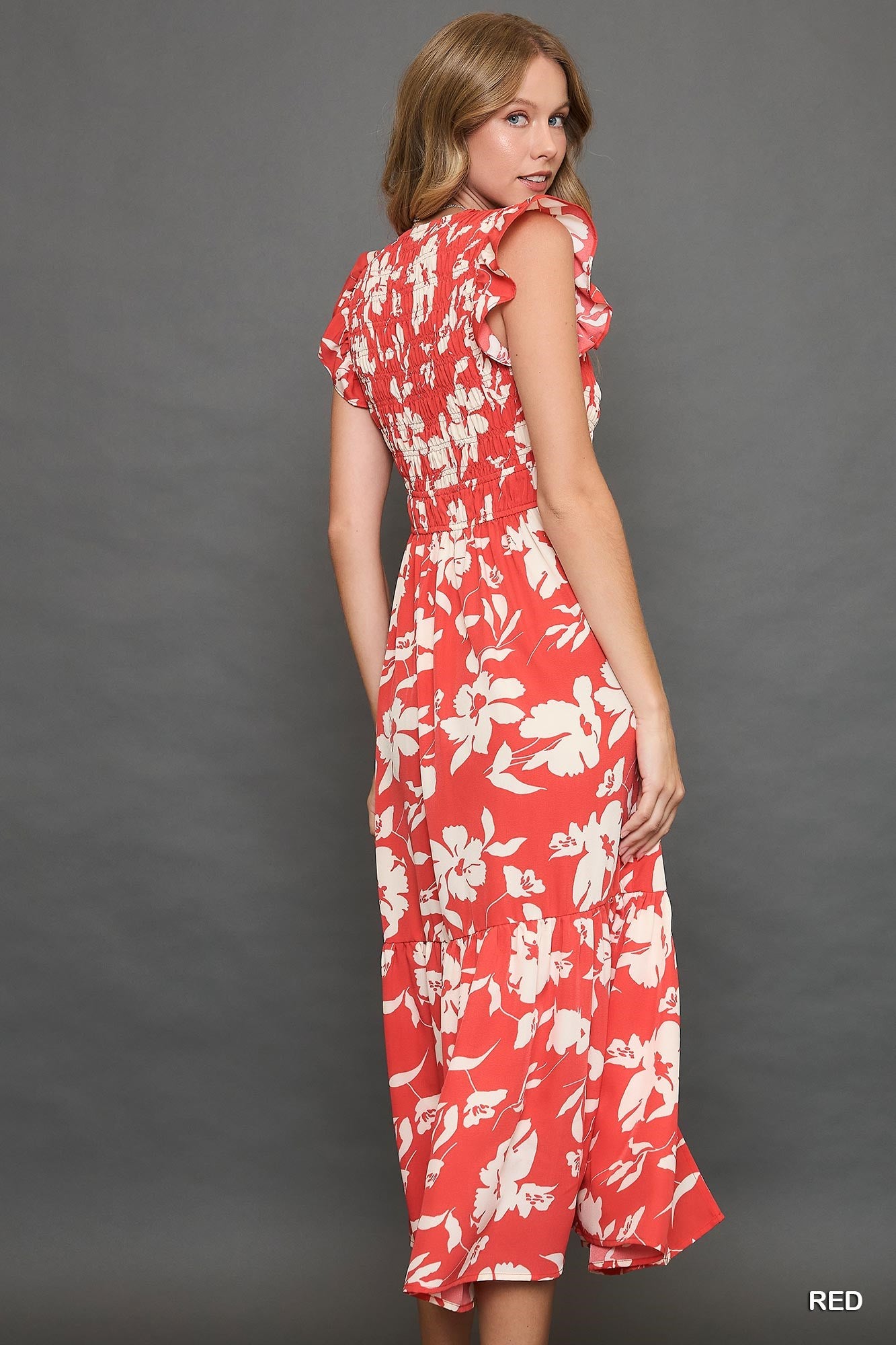 Two Tone Floral Print Midi Dress