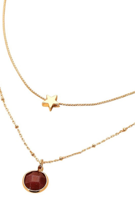 Layered Round Stone Pendant & Star Charm Accent Chain