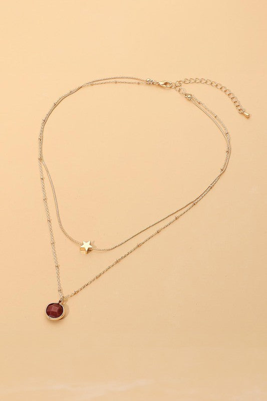 Layered Round Stone Pendant & Star Charm Accent Chain