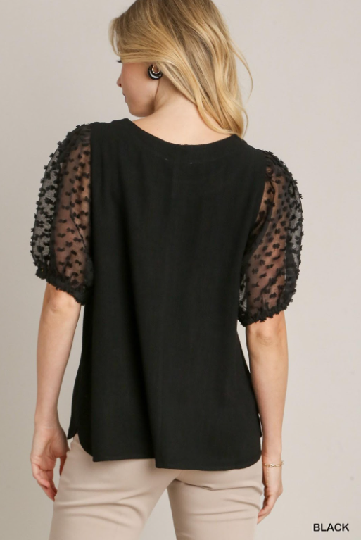 Linen Boxy Cut Round Neckline Top with Short Puff Floral Contrast Sleeve & Side Slit Black
