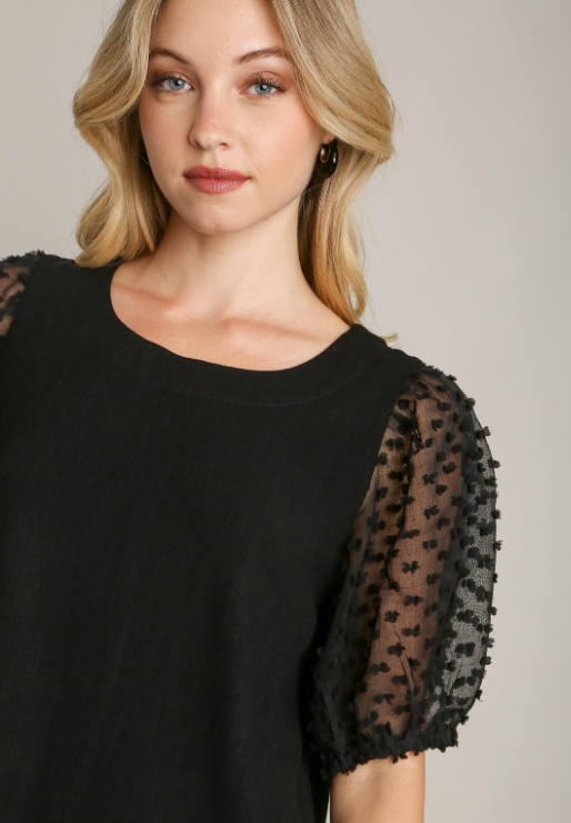 Linen Boxy Cut Round Neckline Top with Short Puff Floral Contrast Sleeve & Side Slit Black
