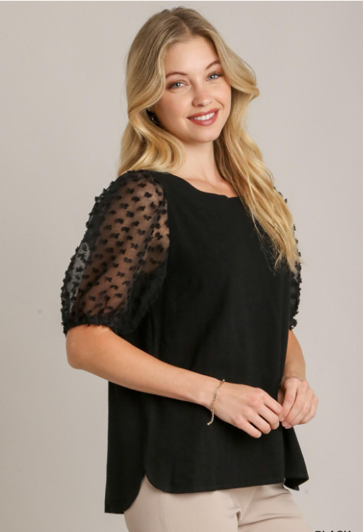 Linen Boxy Cut Round Neckline Top with Short Puff Floral Contrast Sleeve & Side Slit Black