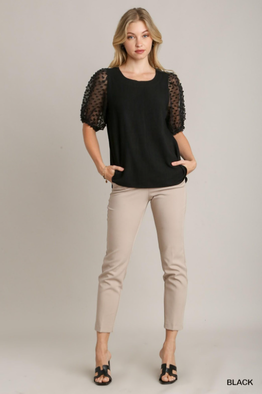 Linen Boxy Cut Round Neckline Top with Short Puff Floral Contrast Sleeve & Side Slit Black