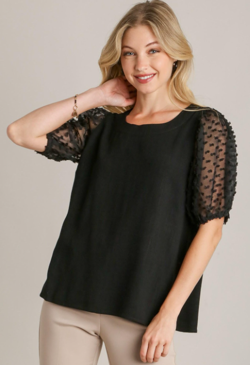 Linen Boxy Cut Round Neckline Top with Short Puff Floral Contrast Sleeve & Side Slit Black