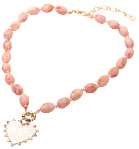 Mother of Pearl Heart Pendant Oval Beaded Necklace Rose