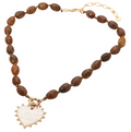 Mother of Pearl Heart Pendant Oval Beaded Necklace Brown