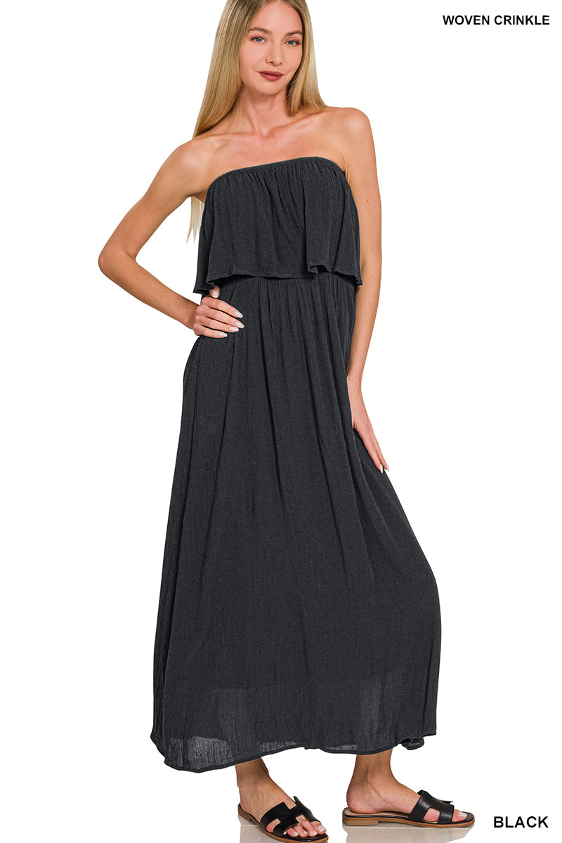 Crinkle Strapless Maxi Dress - Black
