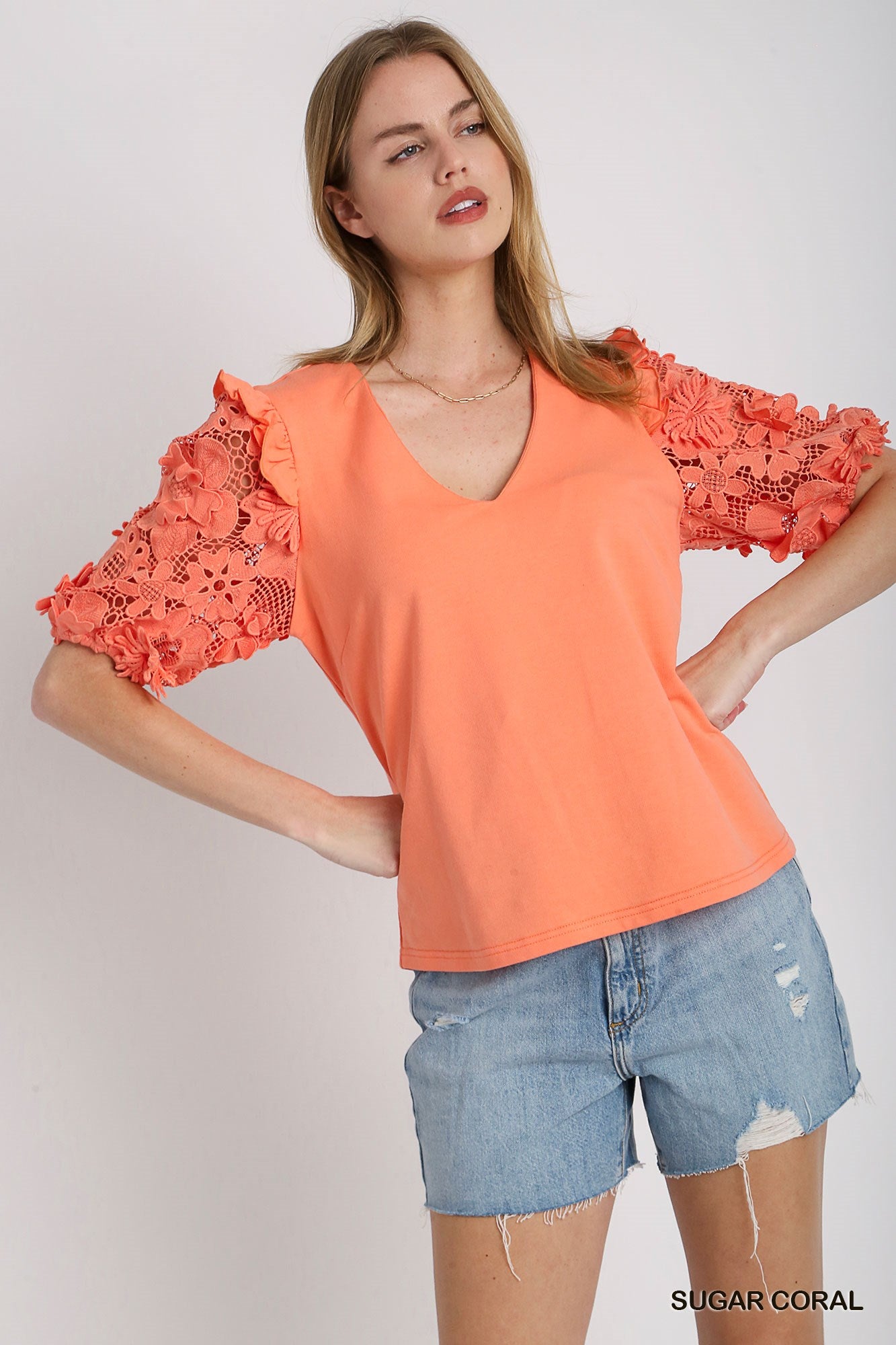 Sugar Coral Lace Sleeve Top