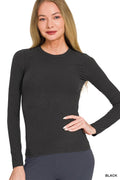 Long Sleeve Rib Fitted Round Neck Tee - Black