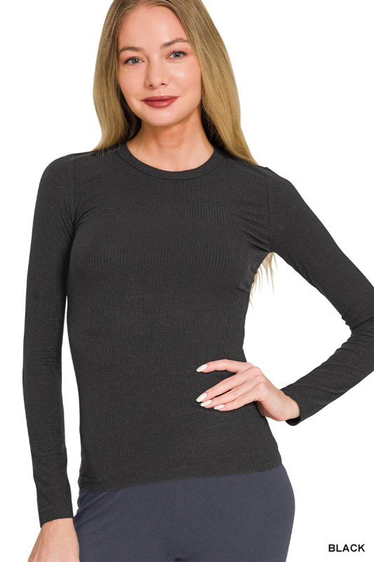 Long Sleeve Rib Fitted Round Neck Tee - Black