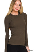 Long Sleeve Rib Fitted Round Neck Tee - Espresso
