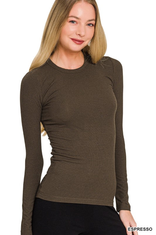Long Sleeve Rib Fitted Round Neck Tee - Espresso