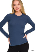Long Sleeve Rib Fitted Round Neck Tee - Navy