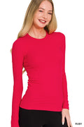 Long Sleeve Rib Fitted Round Neck Tee - Ruby