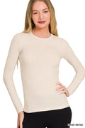 Long Sleeve Rib Fitted Round Neck Tee - Sand Beige