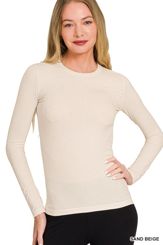 Long Sleeve Rib Fitted Round Neck Tee - Sand Beige