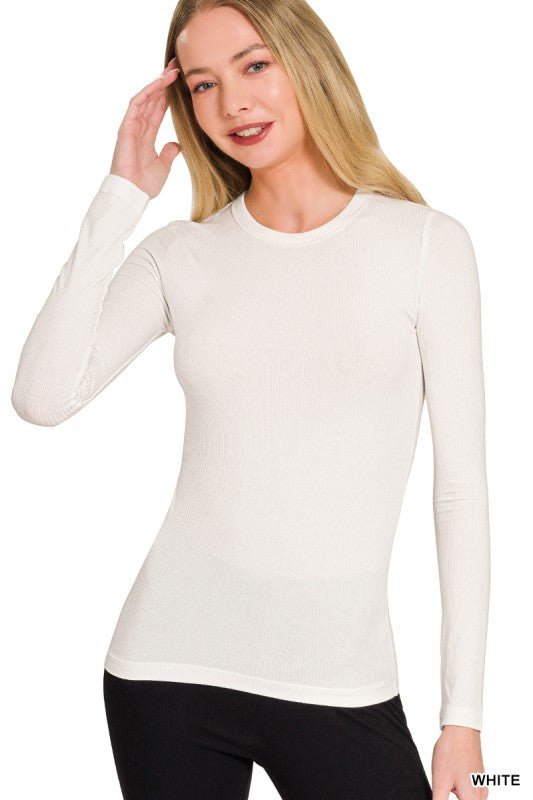Long Sleeve Rib Fitted Round Neck Tee - White