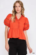 Lace Bubble Sleeve Top -Red