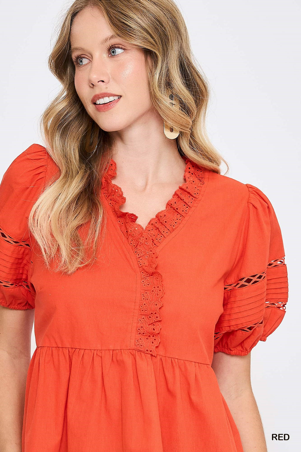 Lace Bubble Sleeve Top -Red