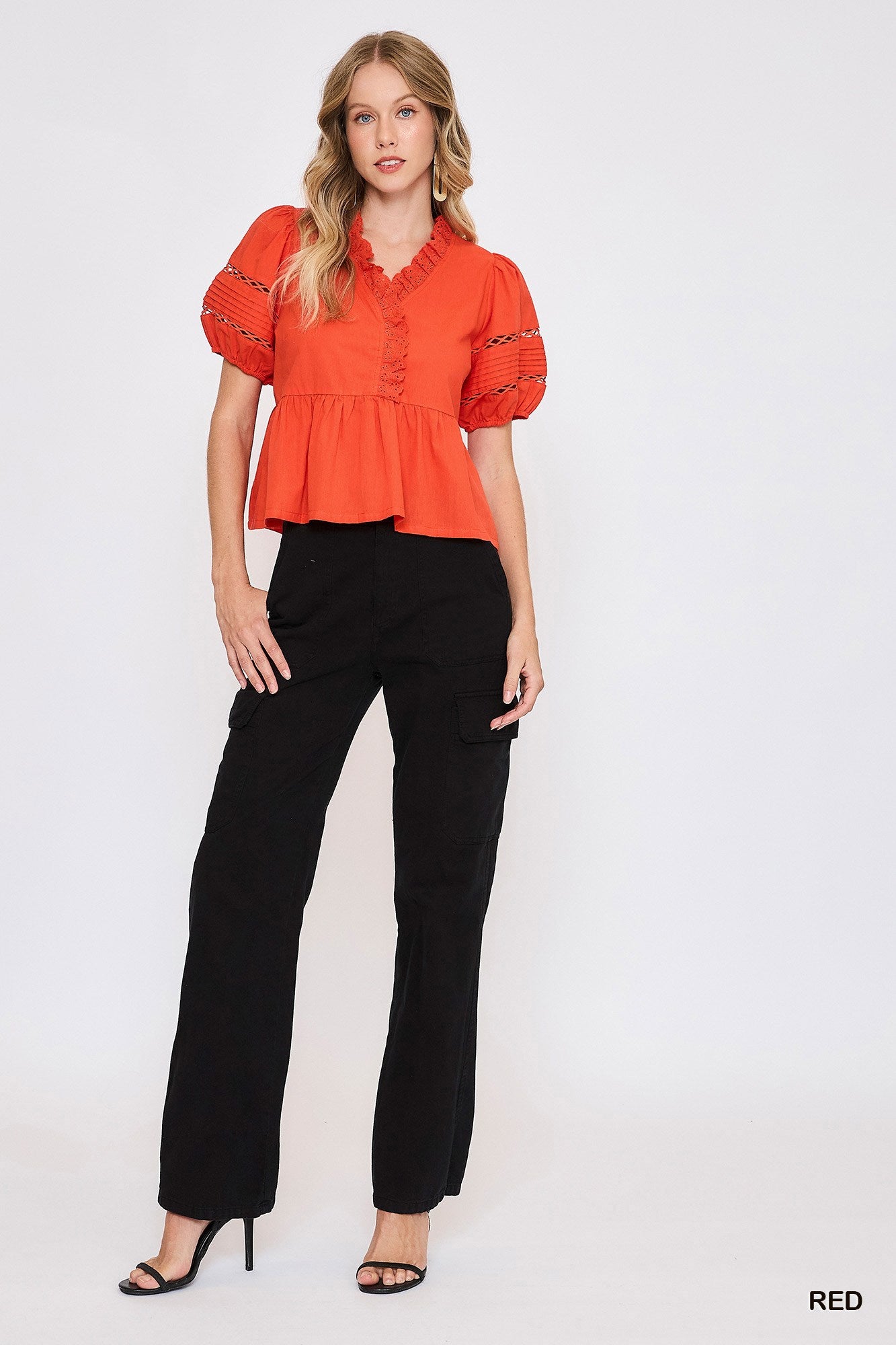 Lace Bubble Sleeve Top -Red