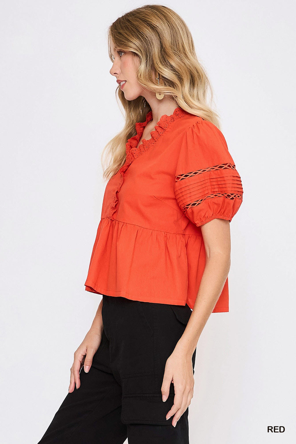 Lace Bubble Sleeve Top -Red