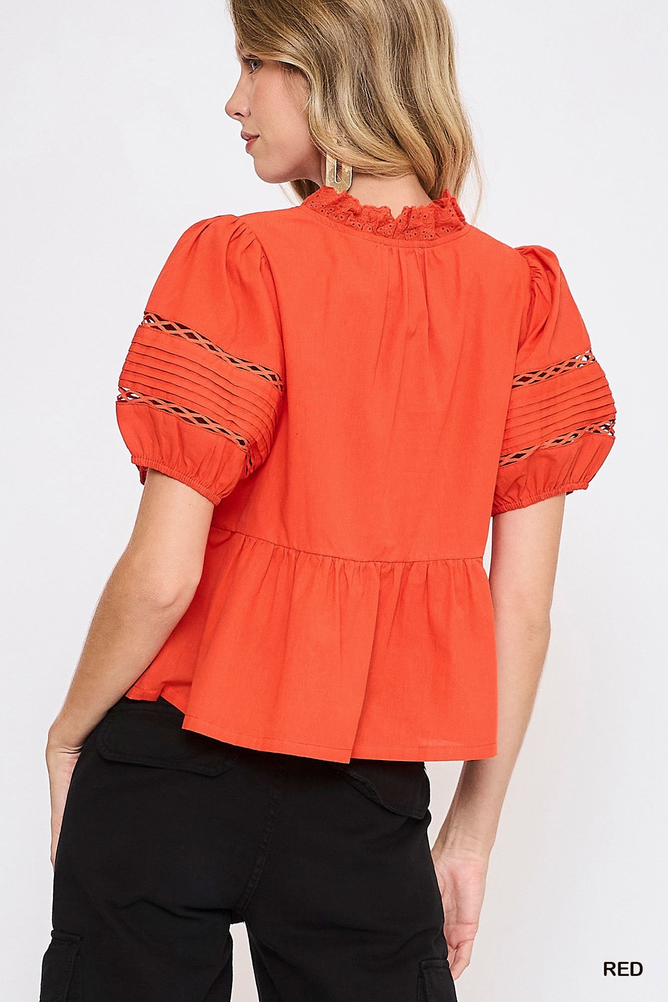 Lace Bubble Sleeve Top -Red