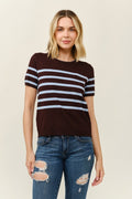Short Sleeve Color Stripe Sweater: Brown/Blue
