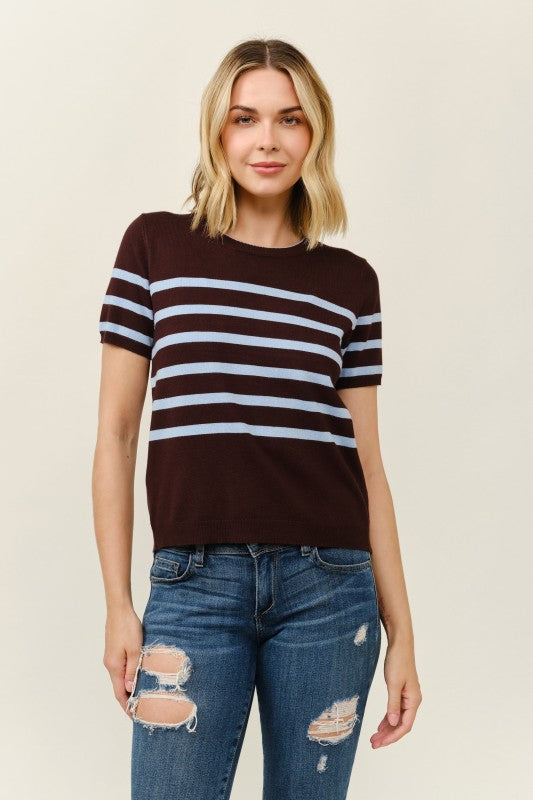 Short Sleeve Color Stripe Sweater: Brown/Blue