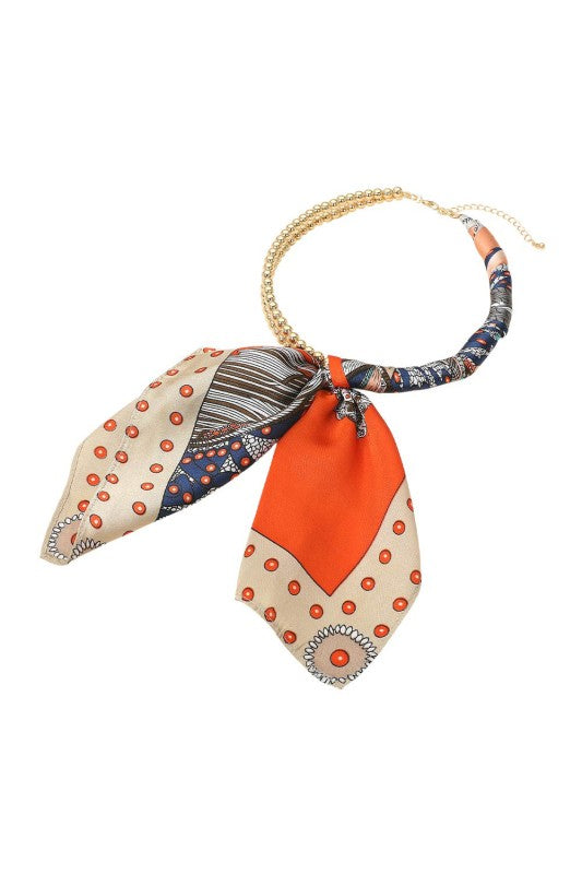 Scarf Necklace - Orange, Navy & Brown