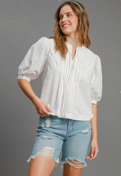 Sleeved Embroidered Collar Top White